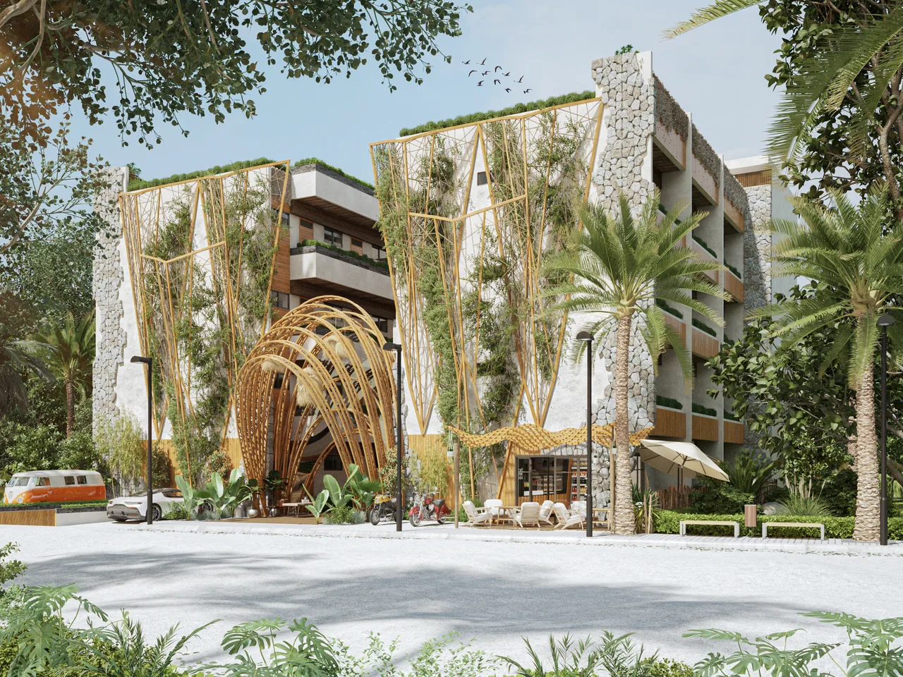 Ocean Condos Tulum tropical façade by day