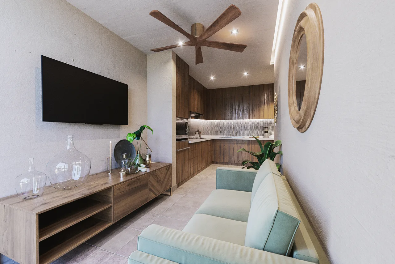 Open living space in a one-bedroom residence
