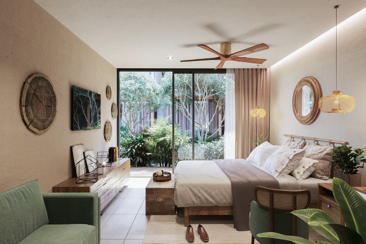 Studio interior with tropical outlook