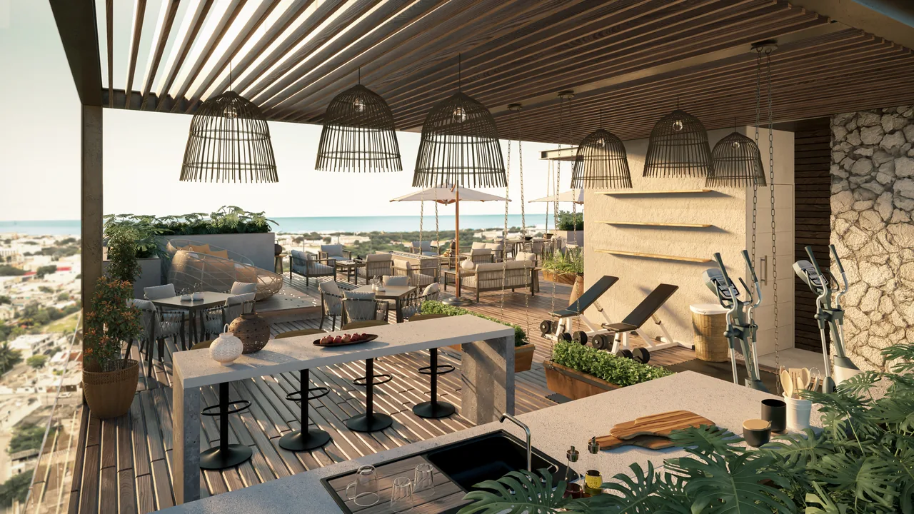 Rooftop kitchen and fitness area