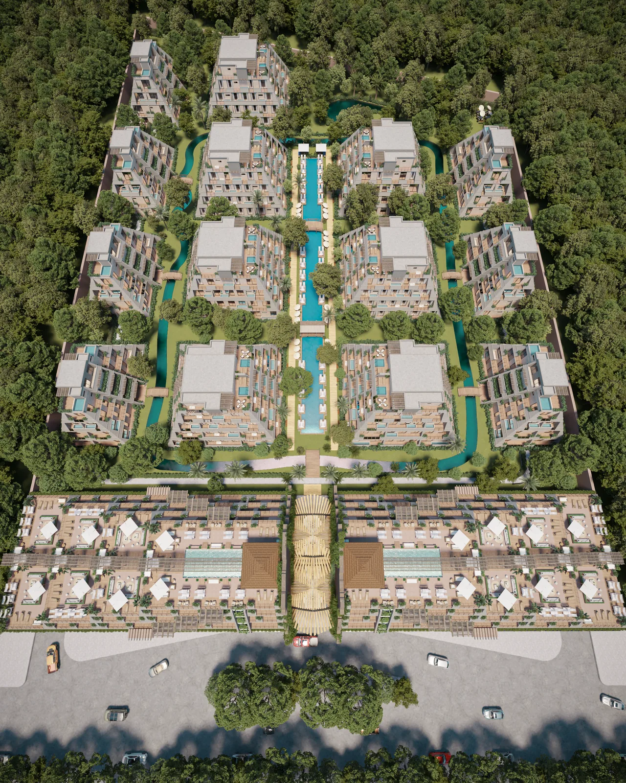 Master plan of the pyramidal residences and pools