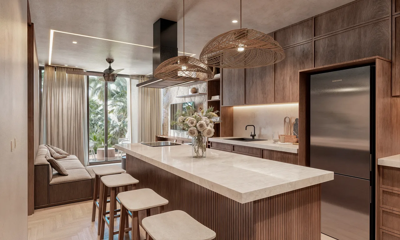 Open kitchen with natural finishes