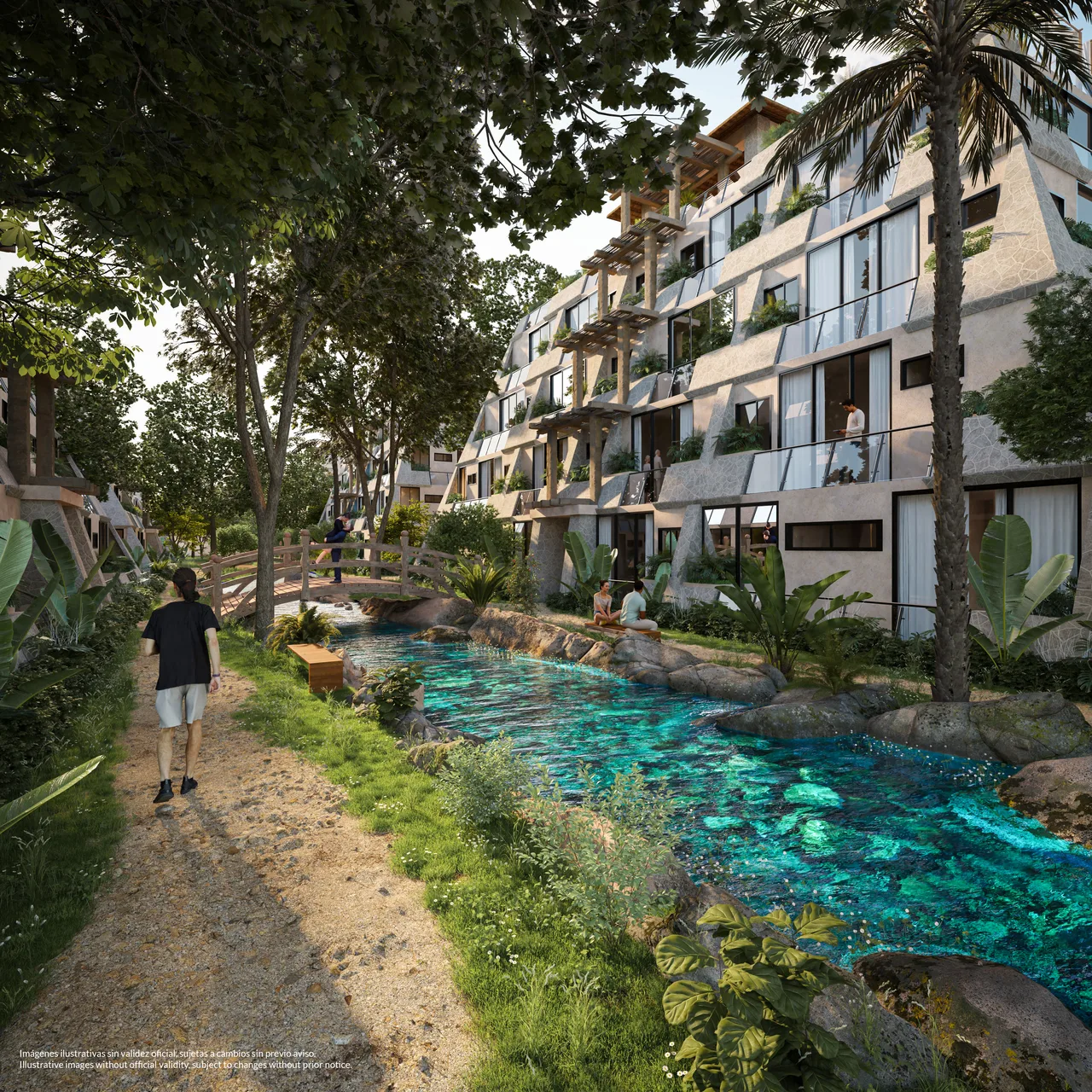 Tropical water gardens between the residences