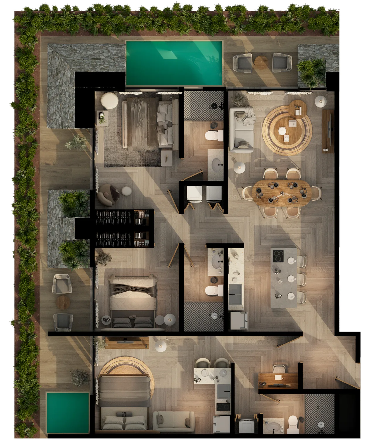 Three-bedroom lock-off plan